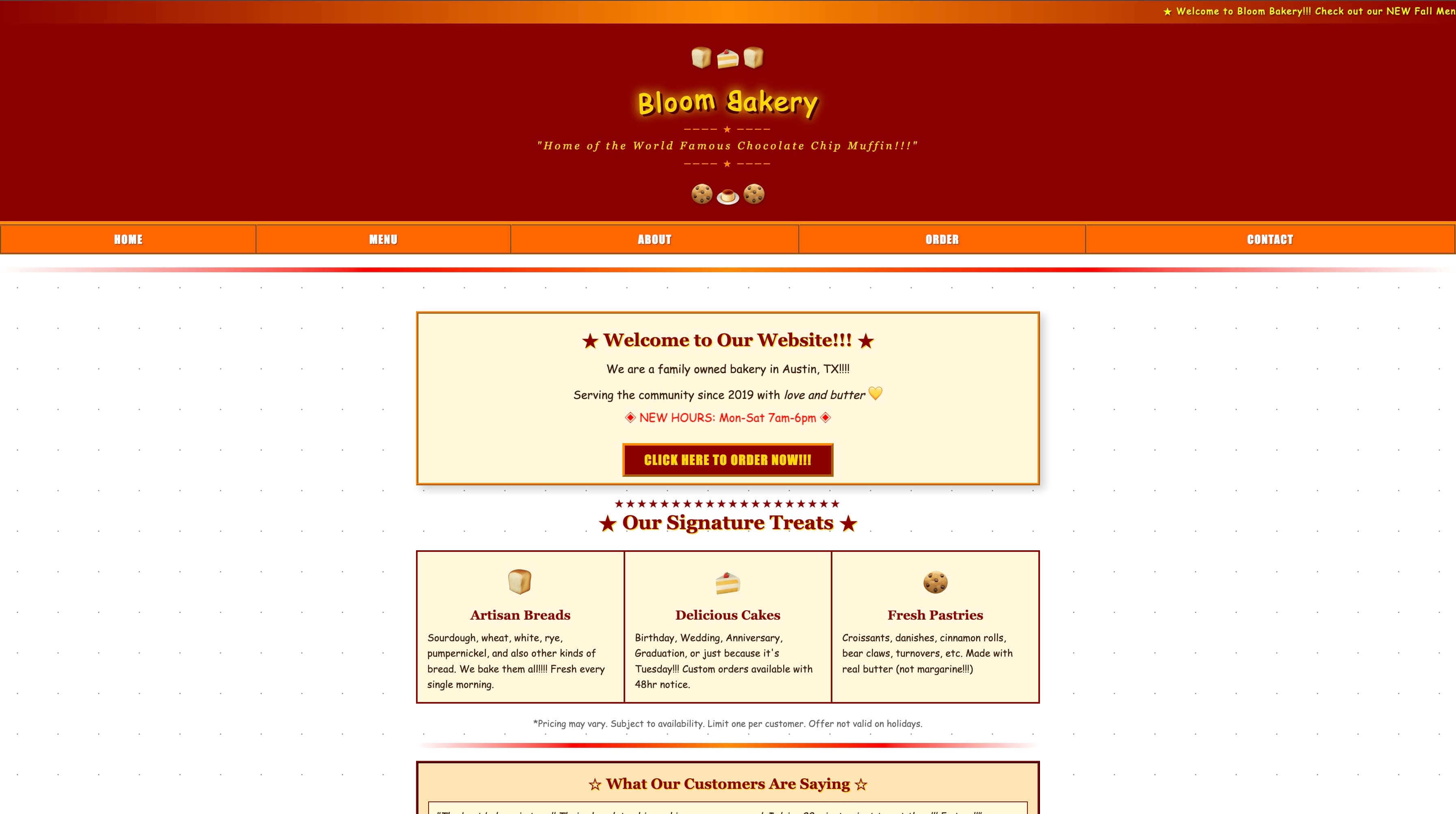Bloom Bakery Website before redesign